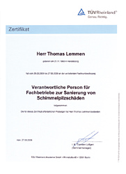 Zertifikat Sanierung von Schimmelpilzschäden